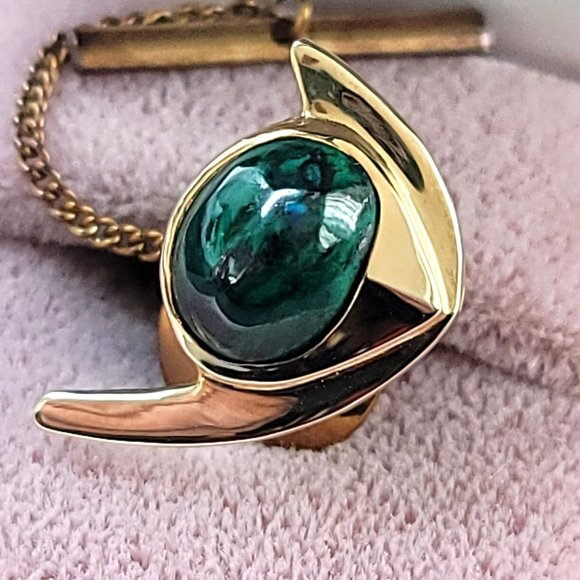 14k Yellow Gold Malachite Angel Fish Tie Tack Pin Vintage Artisan Made CT409 - Picture 2 of 16
